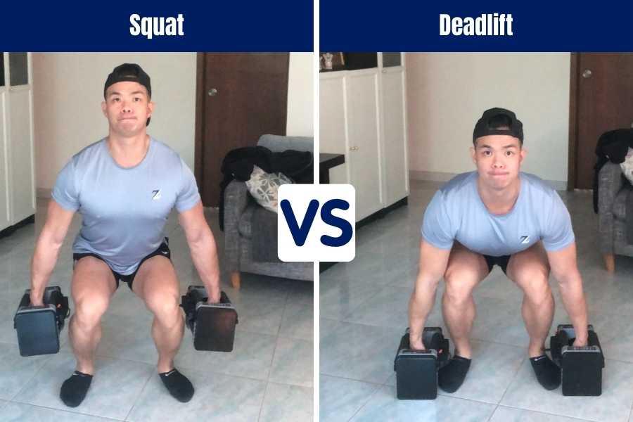 Dumbbell squats and deadlifts look similar but emphasise different muscles.