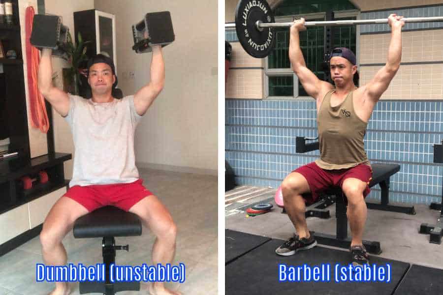 Dumbbell shoulder pressing requires stronger stabiliser muscles compared to barbell to lift maximum weight