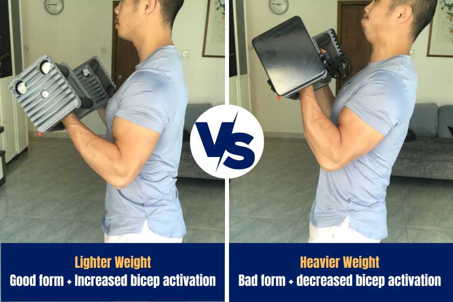 Bicep curling lighter vs heavier weights.