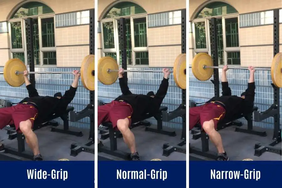 Wide, normal, and narrow grip chest press weight stat.