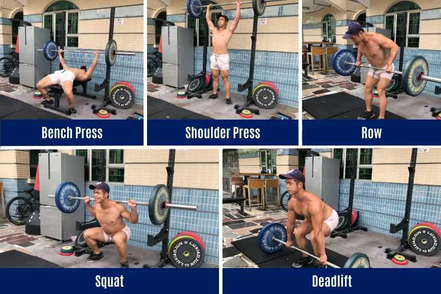 5 compound lifts (bench press, shoulder press, row, squat, and deadlift) to achieve a skinny to muscular transformation.