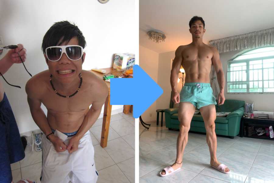 Before and after photos showing my muscle gain results from doing these dumbbell exercises as a skinny guy.